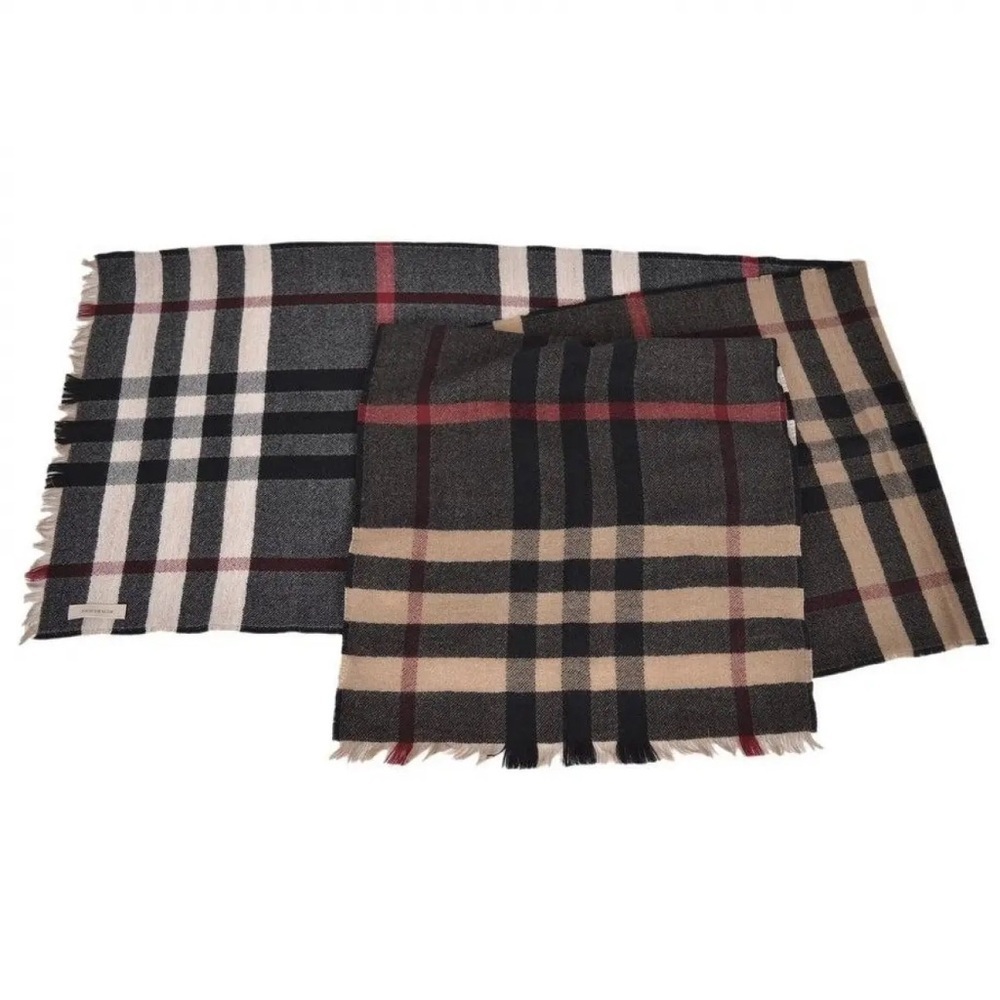 BURBERRY Reversible Wool Plaid Scarf Beige Black Red Fringe Sz 66”x16 - Picture 3 of 6